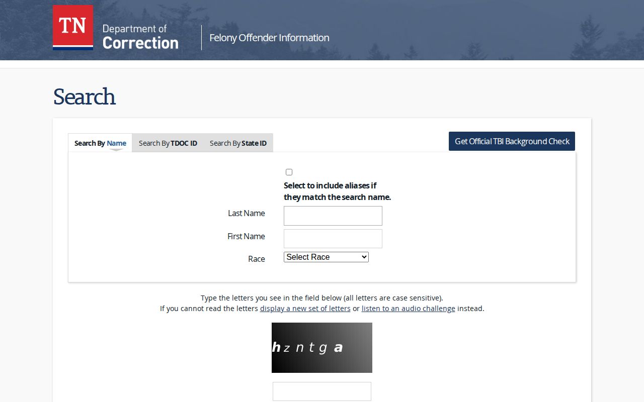 Tennessee TDOC offender search form with name and identification fields