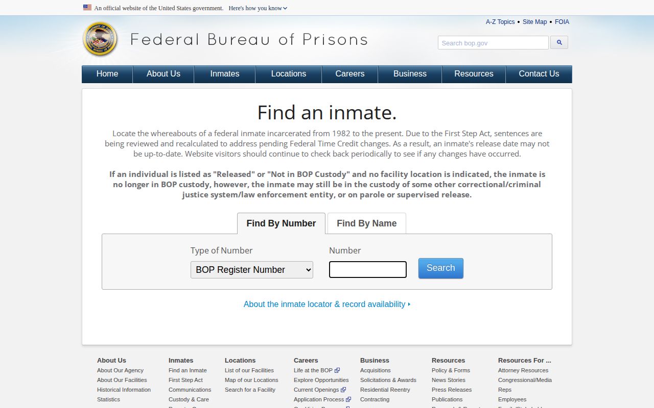Federal inmate locator name and register number search fields