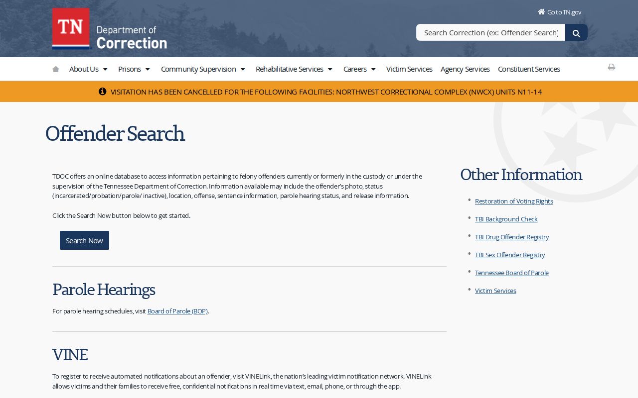 Tennessee Department of Correction offender search service information