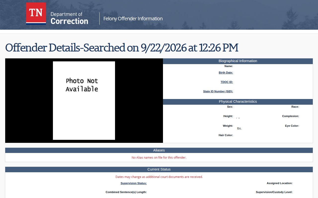 TDOC FOIL offender profile interface displaying No Photo Available and profile field groups