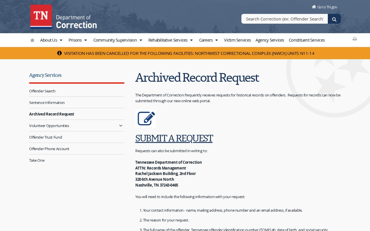 Tennessee Department of Correction archived offender record request page