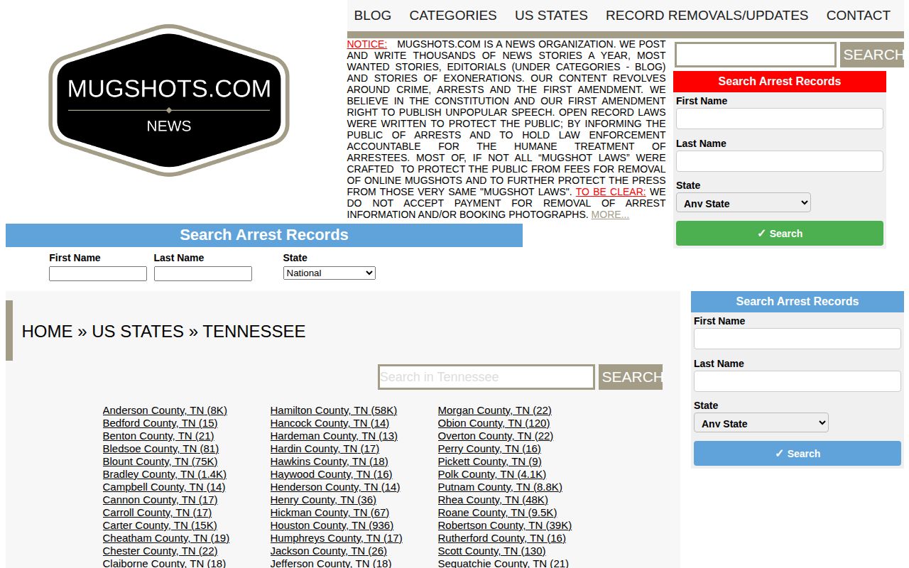 Tennessee county index on a third-party mugshot publishing site