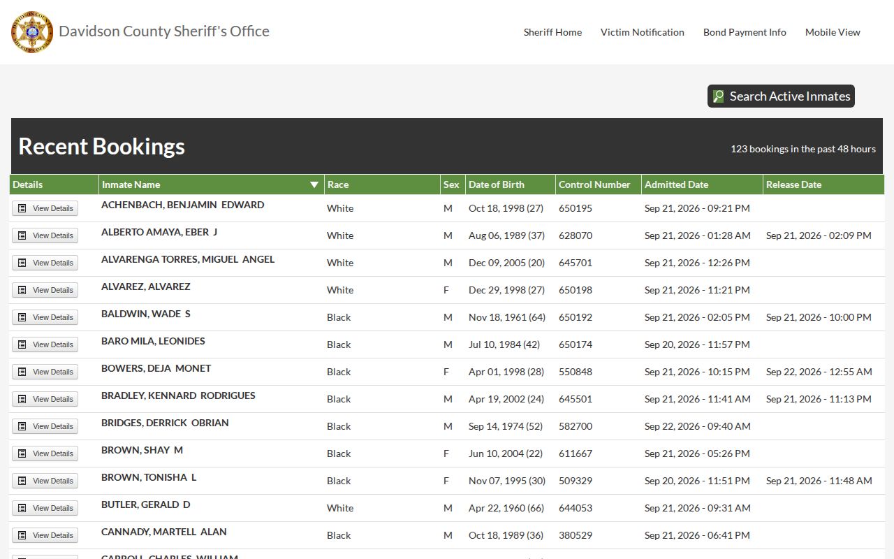 Tennessee booking records example in the Davidson County recent bookings search
